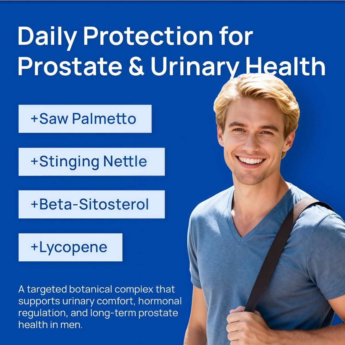 Advertisement for daily protection for prostate and urinary health with a man in a blue shirt on a blue background.